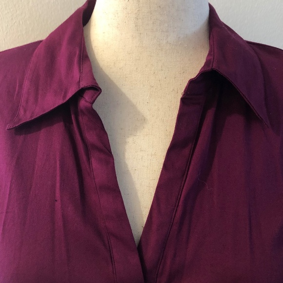 Cotton Plum V-Neck Collar w Belt Short Sleeve Blouse - Picture 2 of 9